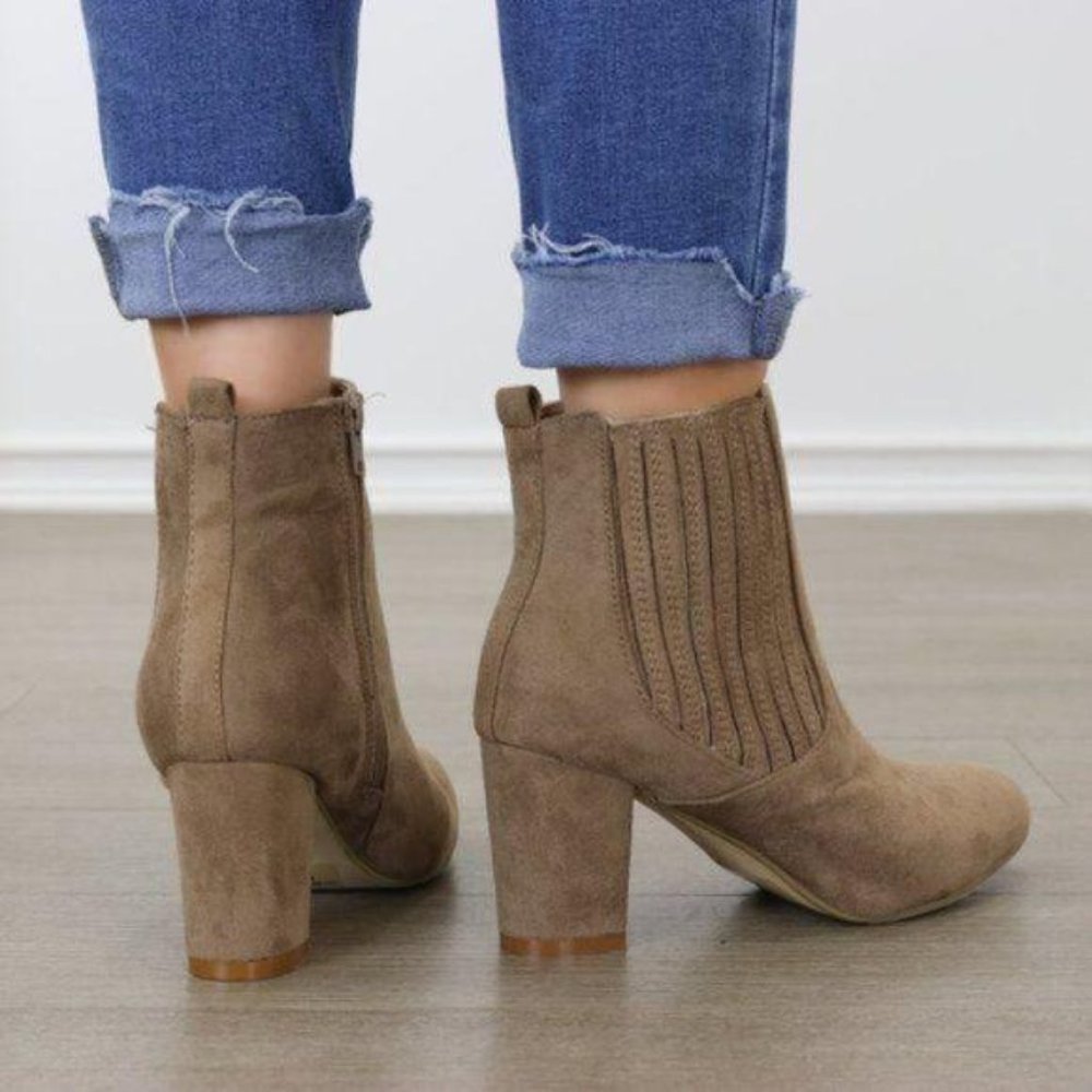 Vegan Suede Taupe Block Heel Ankle Bootie - Picture 3 of 6